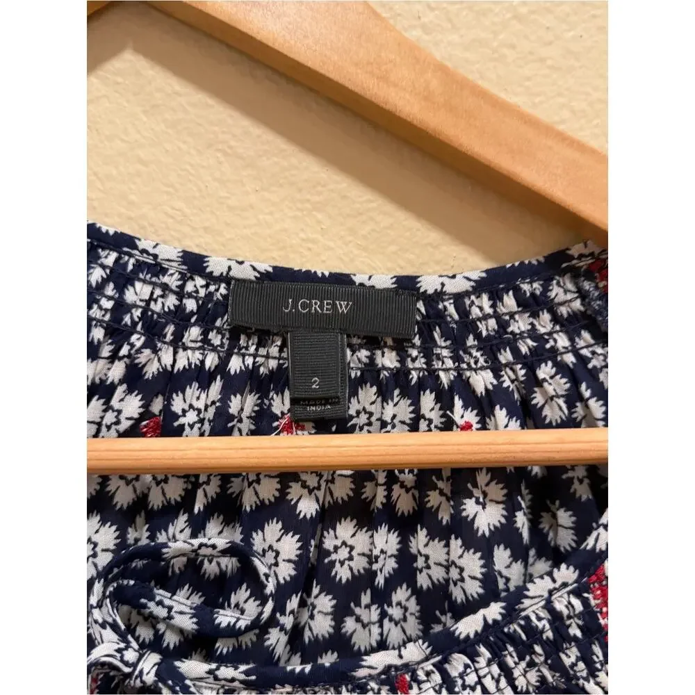 J. Crew Navy Floral Peasant Blouse with Red and White Motif Floral 2